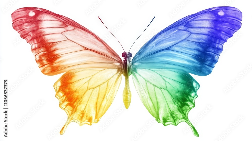 A rainbow butterfly with delicate wings that seamlessly shift from one color to another, floating on a white background A rainbow butterfly with delicate wings that seamlessly shift from one color to another, floating on a white background