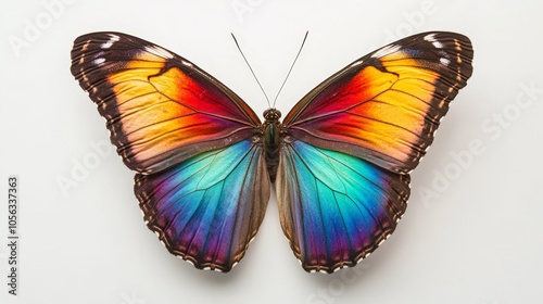 A rainbow butterfly, its wings an explosion of bright colors, flying across a pristine white backdrop, symbolizing joy and diversity