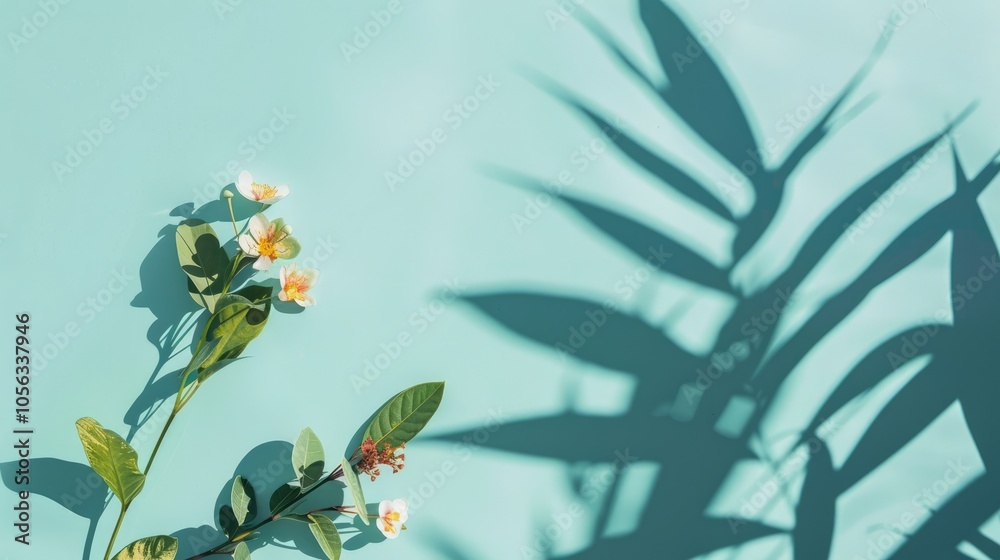 Shadow of leaf and flower on light blue backdrop. Empty area for showcasing cosmetics, food, and props. Shadow of leaf and flower on light blue backdrop. Empty area for showcasing cosmetics, food, and props.