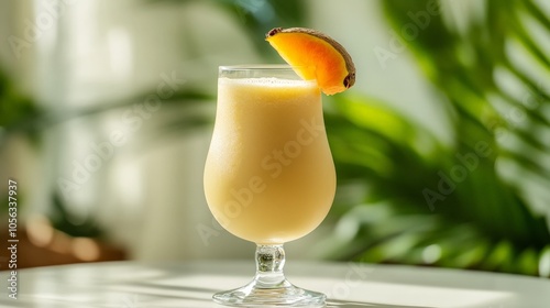 A refreshing chikoo juice served in a clear glass, with a slice of fruit on the rim, presented on a bright white table