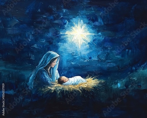 an oil painting of a painting of a manger scene with a baby jesus in the manger, Mary wearing head cover, Mary and Joseph looking at baby Jesus, ,generative ai photo