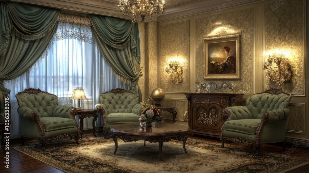 Naklejka premium Elegant Living Room with Vintage Decor and Soft Lighting