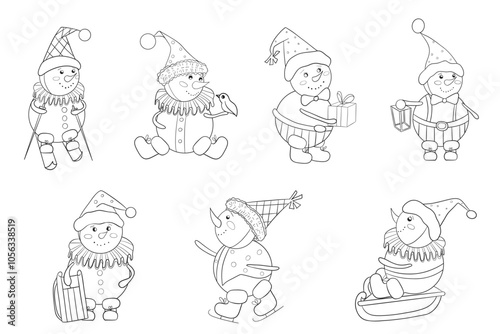Set of vintage snowmen. Winter fun. Black and white vector hand drawn illustration in cartoon style. Christmas element for cards, print, banners and other design