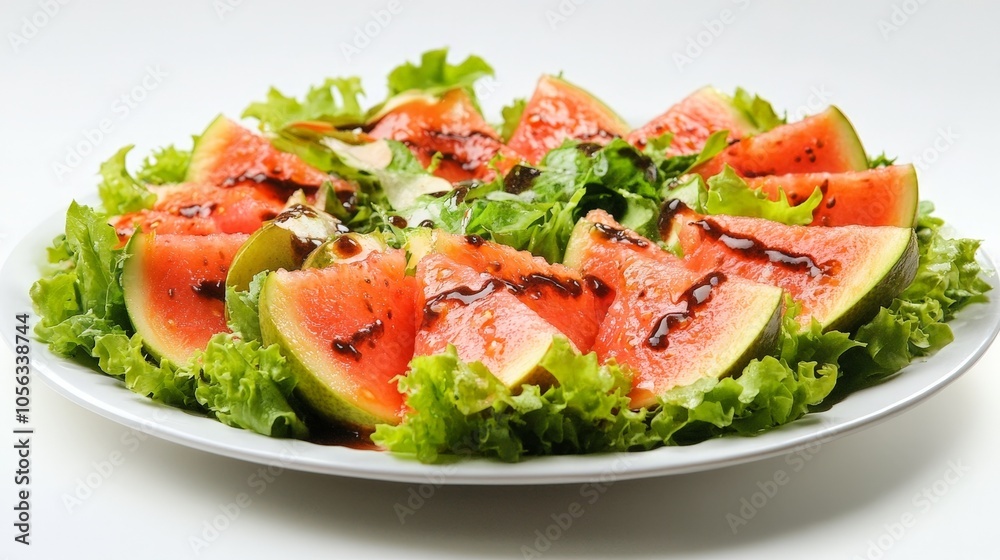 A refreshing guava salad featuring slices of guava mixed with lettuce and drizzled with dressing, elegantly arranged on a plate against white A refreshing guava salad featuring slices of guava mixed with lettuce and drizzled with dressing, elegantly arranged on a plate against white