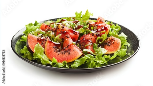 A refreshing guava salad featuring slices of guava mixed with lettuce and drizzled with dressing, elegantly arranged on a plate against white