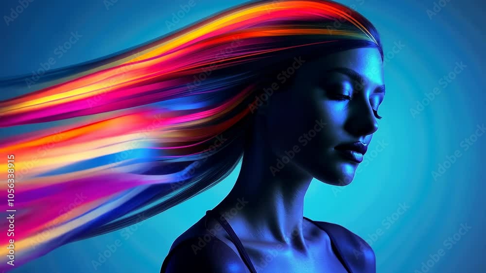Enigmatic studio portrait of model with hair flowing, covering her face. Motion blur effect. Vibrant and dark background. Enigmatic studio portrait of model with hair flowing, covering her face. Motion blur effect. Vibrant and dark background.