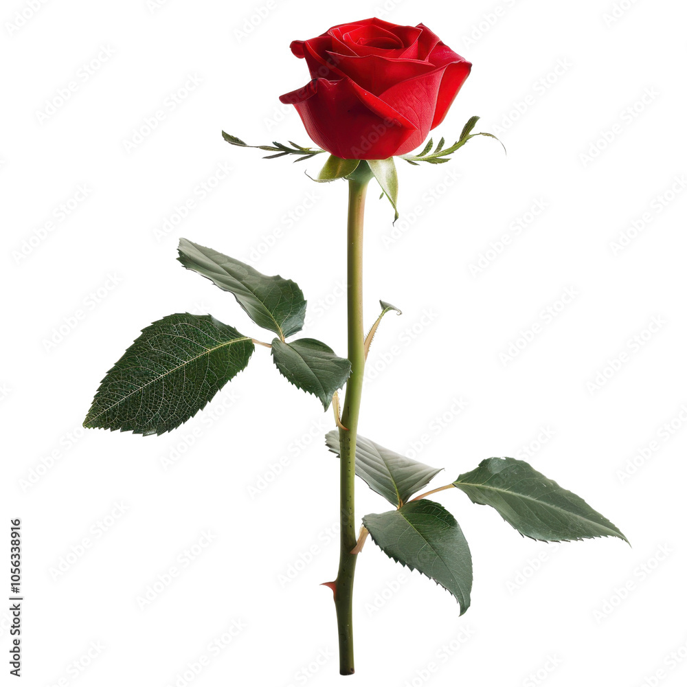 Single Red Rose with Green Leaves on White Background Single Red Rose with Green Leaves on White Background