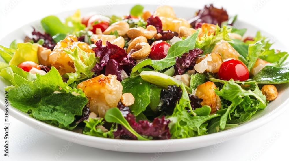 A refreshing longan salad featuring greens, nuts, and a light dressing, beautifully styled against a bright white backdrop for a healthy option A refreshing longan salad featuring greens, nuts, and a light dressing, beautifully styled against a bright white backdrop for a healthy option