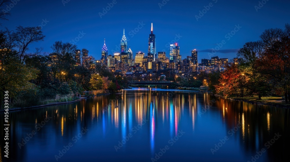 Obraz premium Scenic Night View of Philadelphia Skyline Reflected in Water