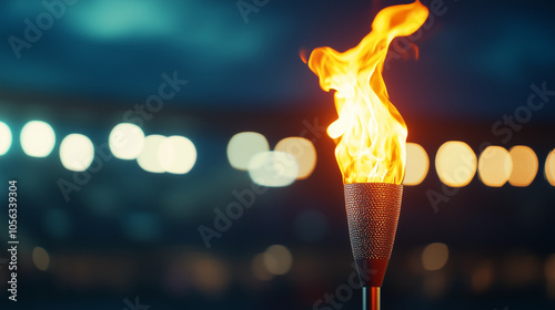 Flame burns in Olympic torch against blurred sports arena