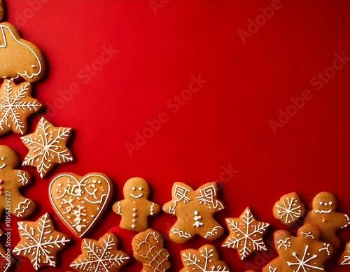 Gingerbread Christmas cookies on plain red background holiday christmas themed