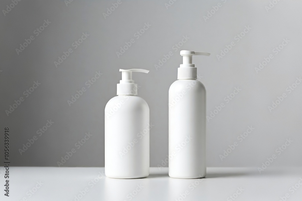Two white dispenser bottles of different sizes on a gray background. Two white dispenser bottles of different sizes on a gray background.