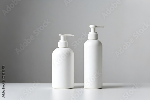 Two white dispenser bottles of different sizes on a gray background.