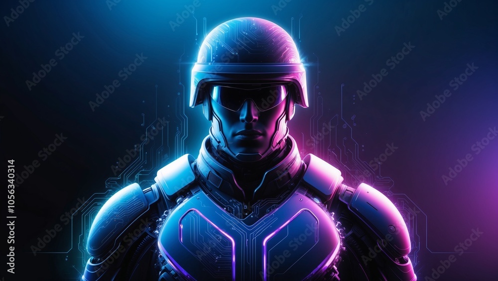 Naklejka premium Futuristic 8K Digital Wallpaper with Abstract Soldier and Neon Circuitry Design in Electric Blue and Purple