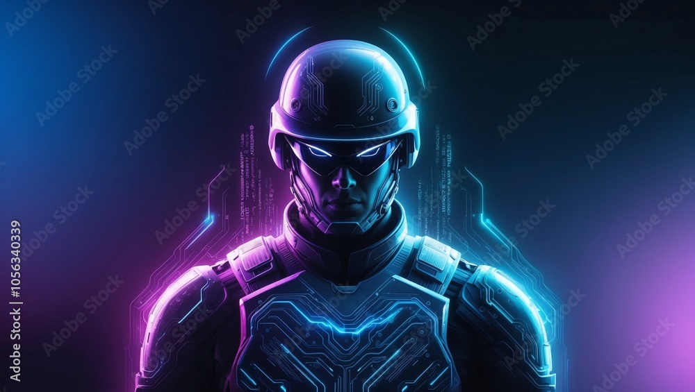 Futuristic 8K Digital Wallpaper with Abstract Soldier and Neon Circuitry Design in Electric Blue and Purple Futuristic 8K Digital Wallpaper with Abstract Soldier and Neon Circuitry Design in Electric Blue and Purple