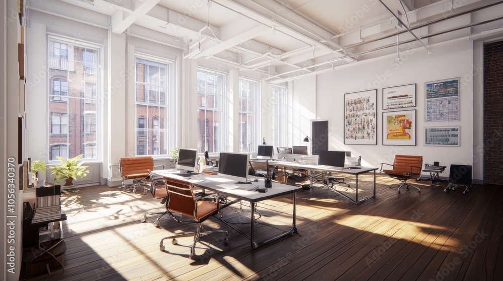 Bright and Modern Office Workspace with Large Windows Bright and Modern Office Workspace with Large Windows