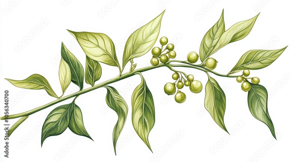 A sketch of a pepper plant, showcasing its leaves and fruit, illustrated on a clean white background for a botanical touch A sketch of a pepper plant, showcasing its leaves and fruit, illustrated on a clean white background for a botanical touch
