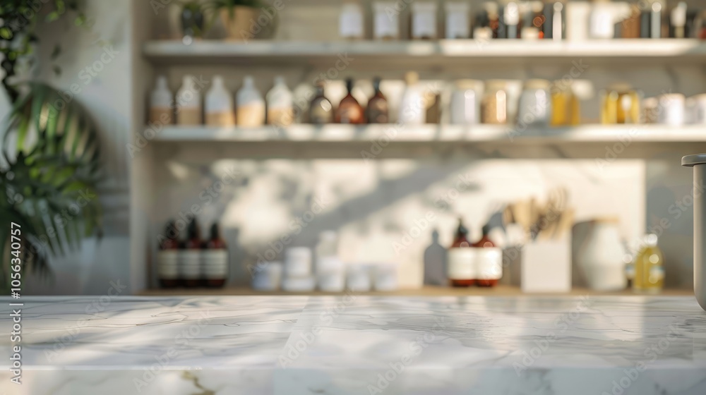 Blurred kitchen counter with marble pedestal for displaying products Blurred kitchen counter with marble pedestal for displaying products