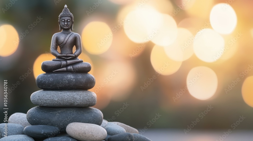 Obraz premium A serene Buddha statue rests atop a rocky pedestal, surrounded by a soft, blurred backdrop for a tranquil vibe.