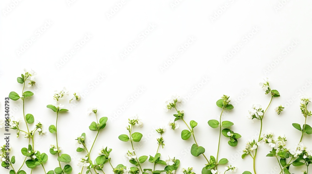 White flowers and green leaves arranged in a row along the bottom edge of a white background, leaving ample copy space above. White flowers and green leaves arranged in a row along the bottom edge of a white background, leaving ample copy space above.