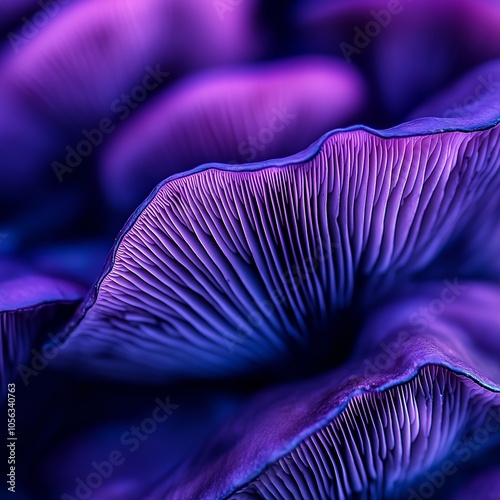 Close-up of vibrant purple mushroom gills in macro photography showcasing intricate details and organic textures with a surreal aesthetic