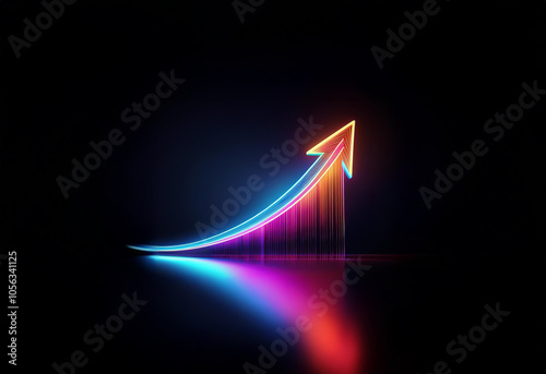 A neon arrow, glowing in rainbow colors, points upward against a black background.