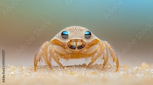 A detailed closeup of a sand flea reveals its intricate texture and legs, set against a soft, outoffocus beach backdrop. photo