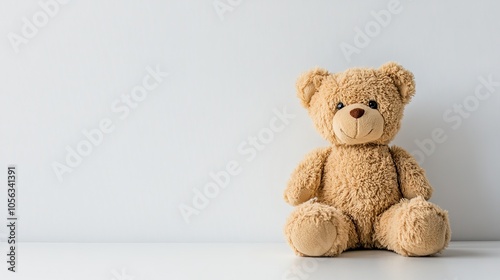 A small brown teddy bear sitting quietly on a clean white background, its soft fur and button eyes capturing the essence of childhood comfort