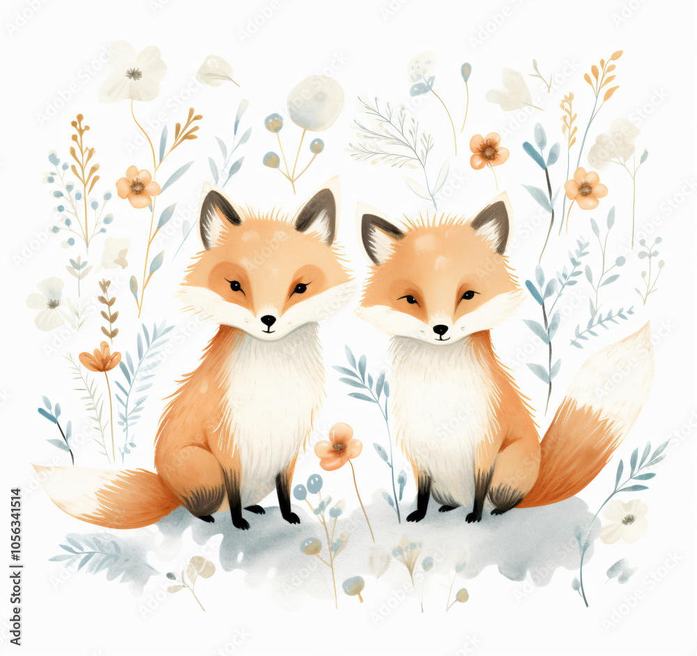 Fototapeta premium Beautiful two foxes delicate flowers,soft pastel color palette,nature,digital,illustration,home decor,animal,floral,nursery,print,wildflower,woodland,forest,sweet,nature,floral,design,cozy,soft,