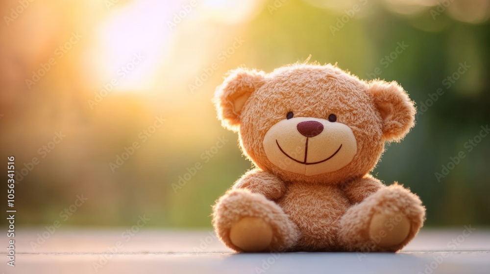 A small brown teddy bear with a stitched smile, resting peacefully on a bright, simple background, symbolizing warmth and innocence A small brown teddy bear with a stitched smile, resting peacefully on a bright, simple background, symbolizing warmth and innocence