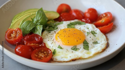 Fresh Fried Egg with Avocado and Tomatoes on Plate