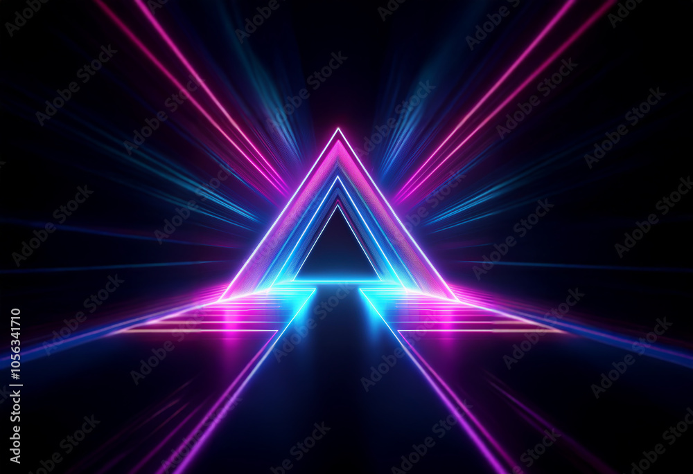 A glowing neon triangle sits at the center of a dark, futuristic landscape with vibrant light streaks radiating out in all directions. A glowing neon triangle sits at the center of a dark, futuristic landscape with vibrant light streaks radiating out in all directions.