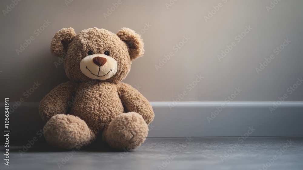 A small, plush brown teddy bear with a warm, welcoming smile, sitting softly against a plain background, offering comfort and joy