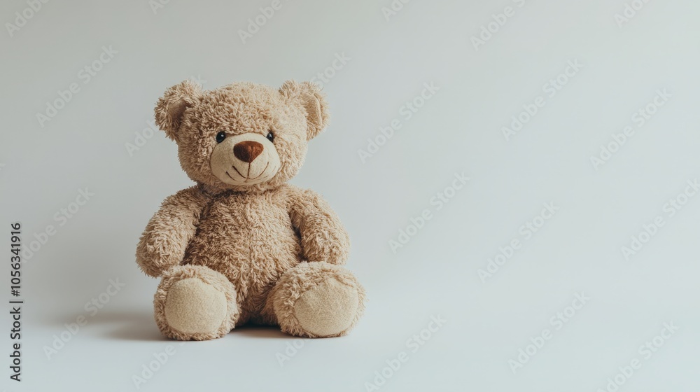 A small, well-loved brown teddy bear sitting quietly on a blank white backdrop, bringing feelings of childhood innocence and security A small, well-loved brown teddy bear sitting quietly on a blank white backdrop, bringing feelings of childhood innocence and security