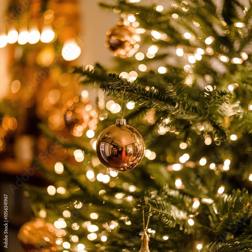 Warm, cozy holiday atmosphere captured by a brightly lit Christmas tree with golden ornaments inside a comfortable living room.