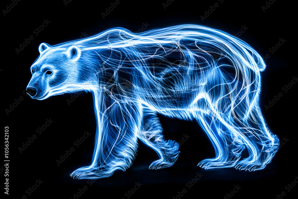 Fototapeta premium An ethereal polar bear created with blue and white neon trails, standing out against a black background in a mesmerizing display --ar 3:2 --s 50