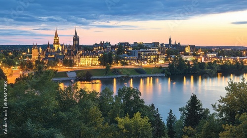 Scenic Evening View of City with River Reflection