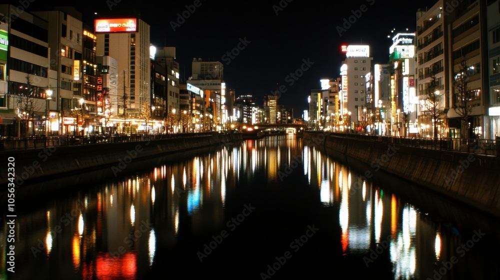 Obraz premium Vibrant Cityscape Reflected in Nighttime River