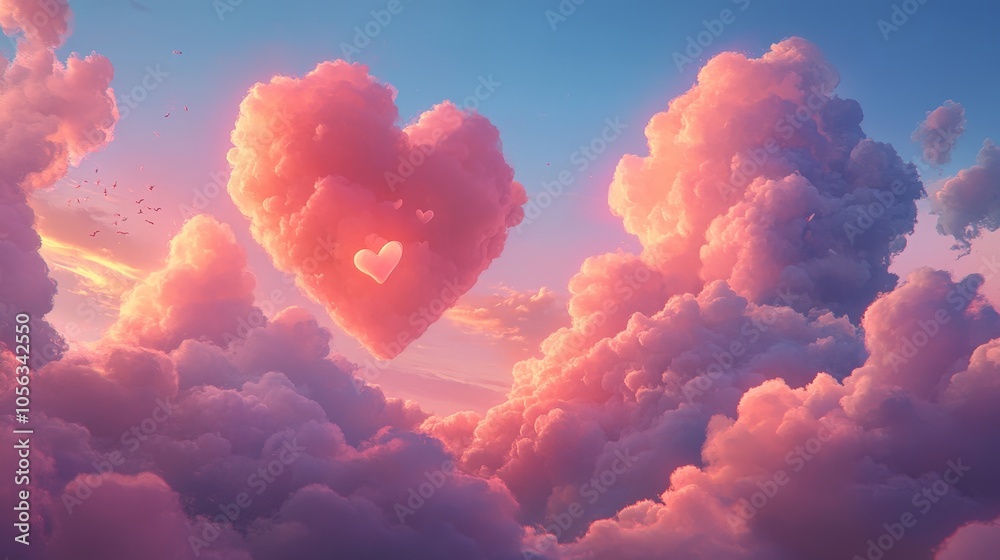 A stunning scene featuring heart-shaped clouds that combine blue and light pink, illuminating the sky with love and warmth for all to admire A stunning scene featuring heart-shaped clouds that combine blue and light pink, illuminating the sky with love and warmth for all to admire