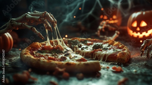 A skeletal hand reaches for a slice of cheesy pizza with a jack-o-lantern in the background. photo