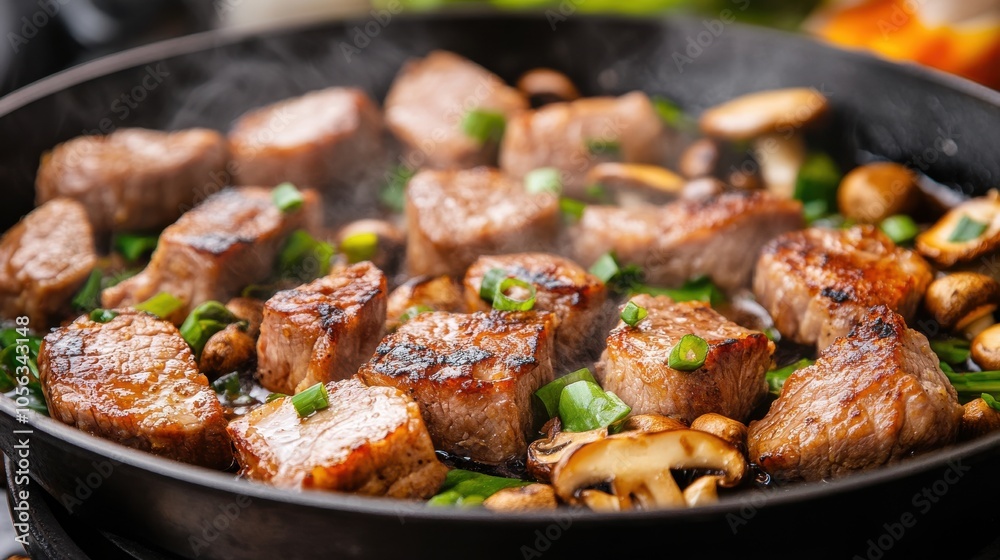Grilled Marinated Pork Close-Up on Skillet Grilled Marinated Pork Close-Up on Skillet