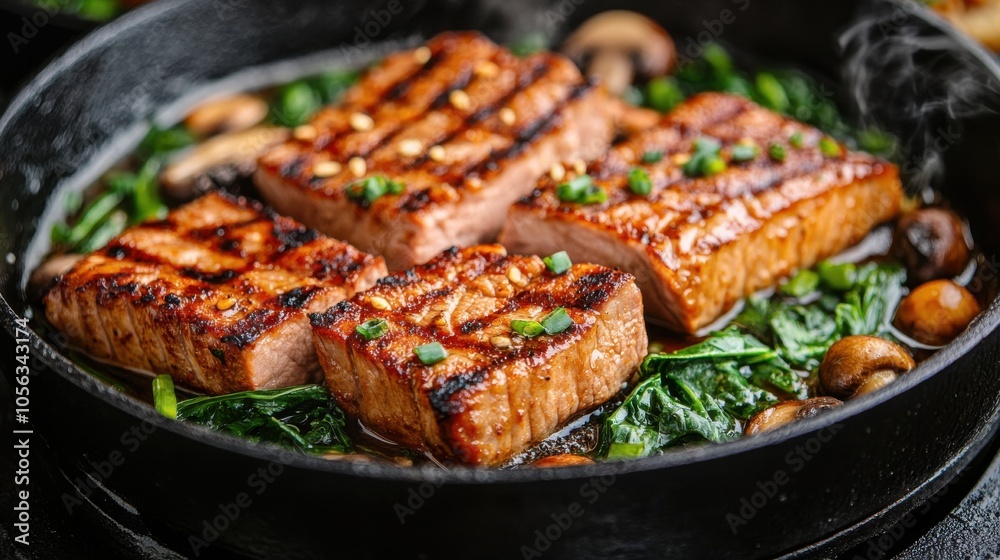 Grilled Marinated Pork Close Up on Platter Grilled Marinated Pork Close Up on Platter