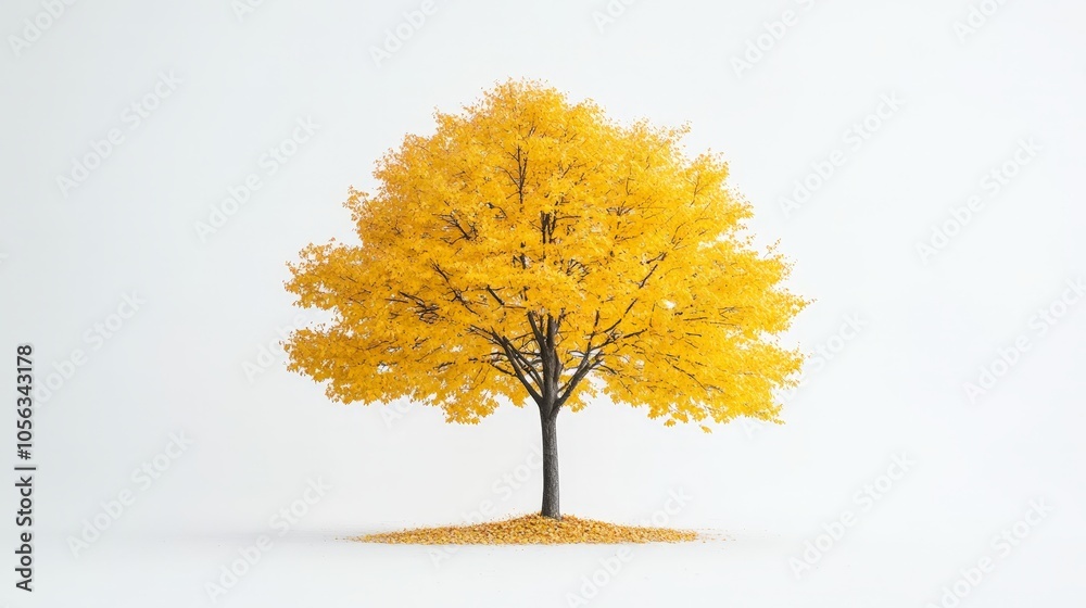 A towering maple tree with golden foliage, set on a clean white background, showcasing the elegance of autumn transformation A towering maple tree with golden foliage, set on a clean white background, showcasing the elegance of autumn transformation