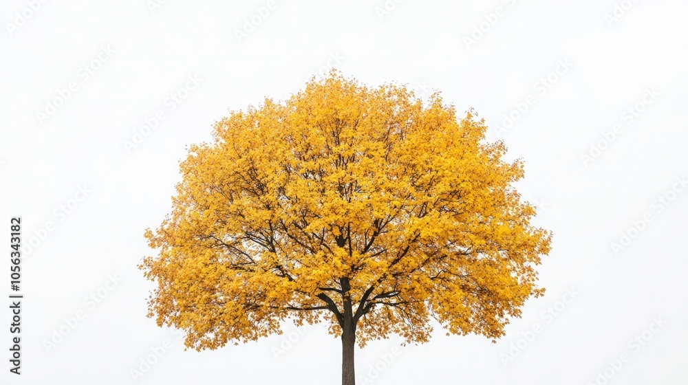 A towering maple tree with golden foliage, set on a clean white background, showcasing the elegance of autumn transformation A towering maple tree with golden foliage, set on a clean white background, showcasing the elegance of autumn transformation
