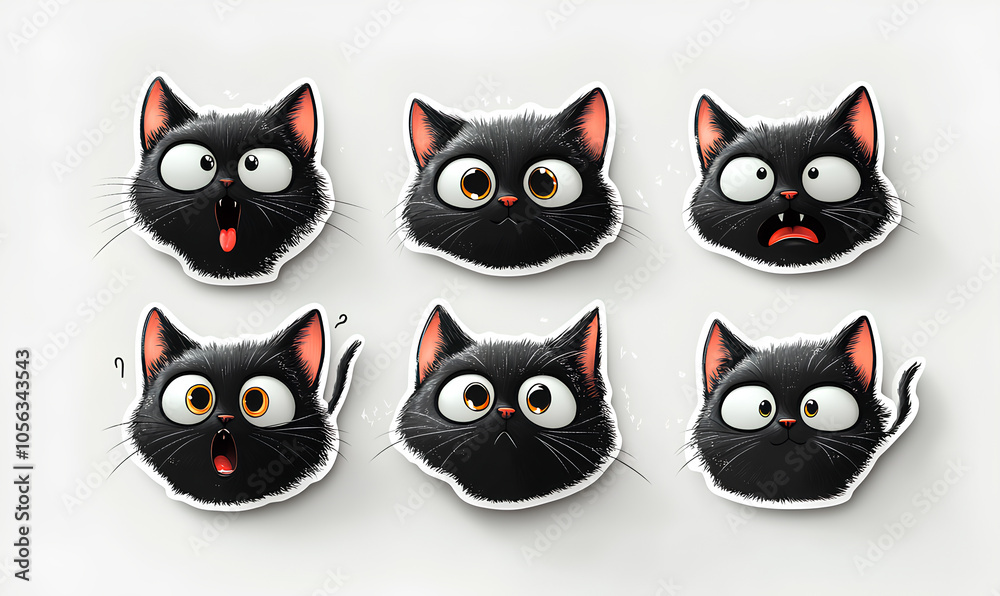 Six adorable black cats showcase various emotions, from surprise to confusion, in a delightful artistic display Six adorable black cats showcase various emotions, from surprise to confusion, in a delightful artistic display
