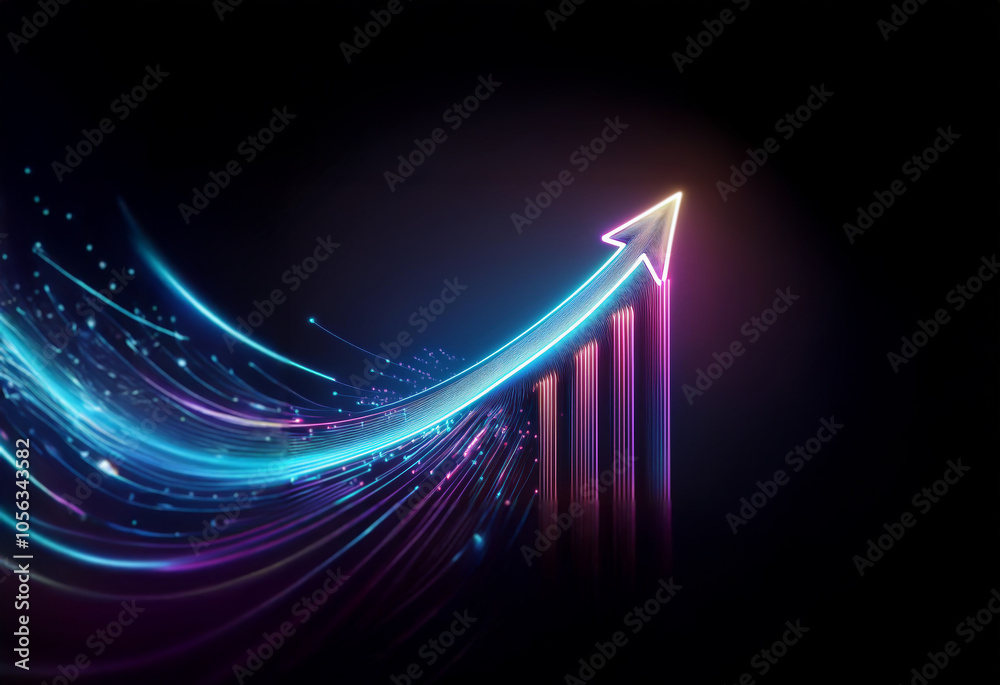 A glowing neon arrow pointing upwards, symbolizing growth and success, with streaks of light in the background.