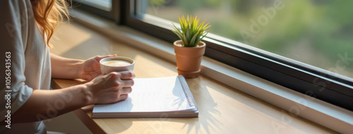 A person holds a cup of coffee while seated beside a window with natural light streaming in, accompanied by an open notebook on the wooden surface, creating a peaceful and inspiring morning scene photo