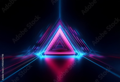 A glowing pink and blue triangle sits within a dark, futuristic space. The triangle is framed by a series of glowing lines and appears to be a doorway into another dimension.