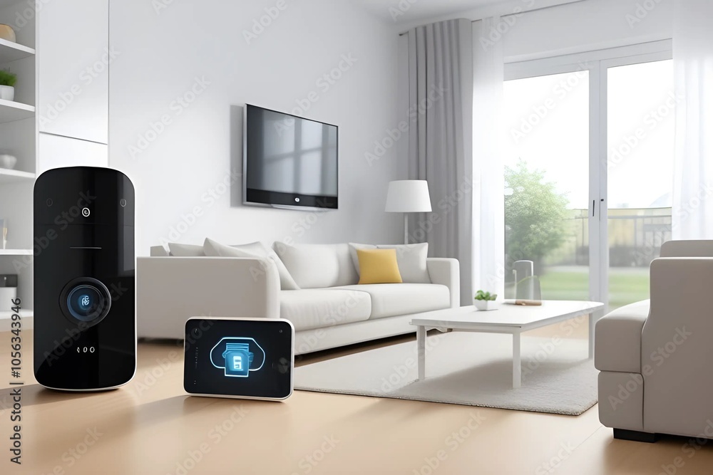 Illustrative concept of Internet of Things in a smart home, showing interconnected devices from a low perspective Illustrative concept of Internet of Things in a smart home, showing interconnected devices from a low perspective