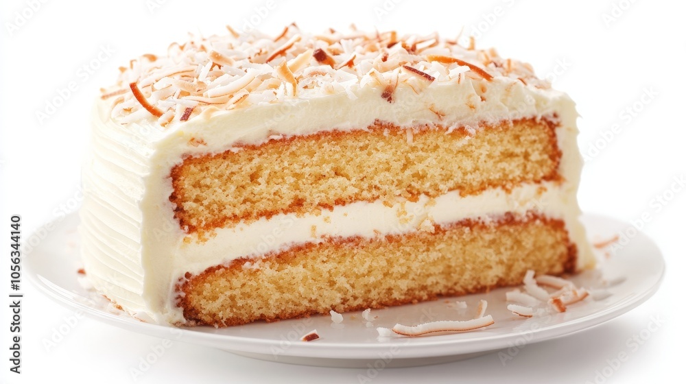 A vibrant coconut cake displayed on a white plate, showcasing its layers and icing, set against a bright white background for a tempting treat A vibrant coconut cake displayed on a white plate, showcasing its layers and icing, set against a bright white background for a tempting treat